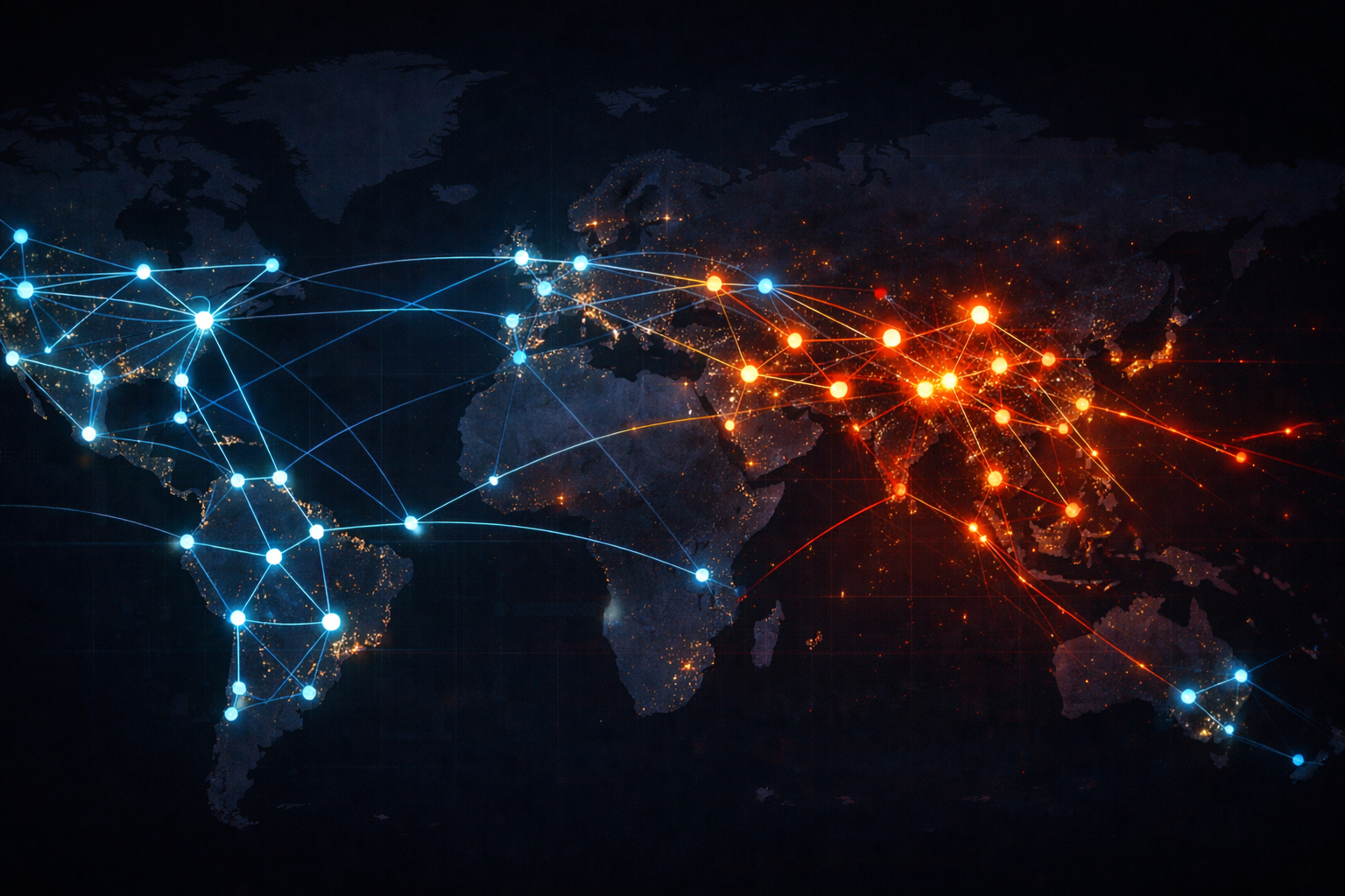 World map with connected internet nodes showing a cascading outage pattern