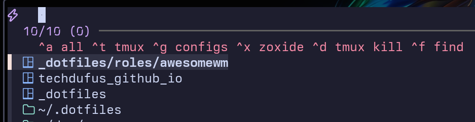 sesh picker showing fzf interface with keybind hints and session list