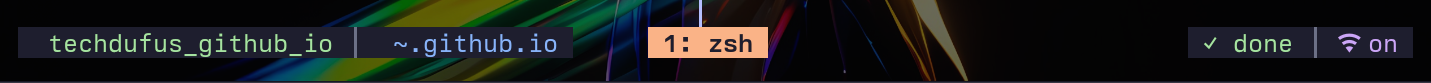 tmux status bar showing session name, directory, window tabs, Claude status, and online indicator